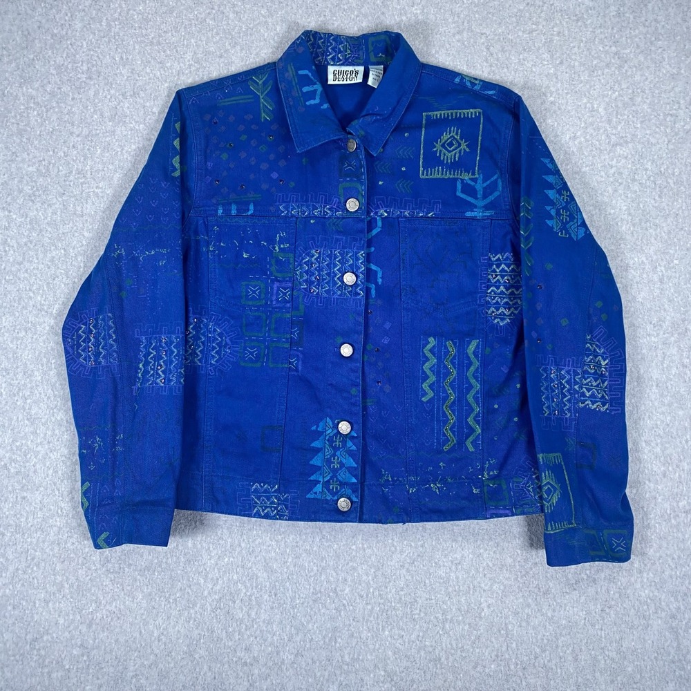 Chico's Design Denim Jacket Womens 1 Blue Tribal Print Beaded Cotton RN 79984